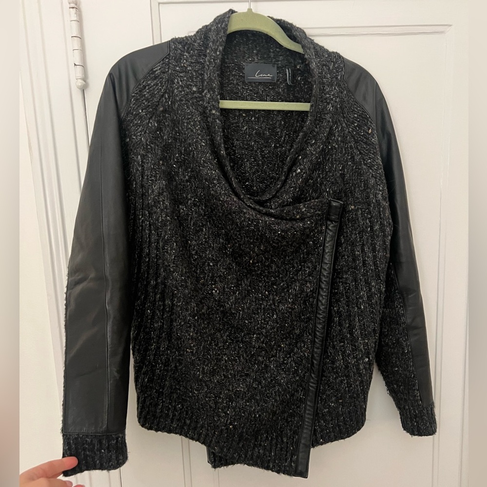 Line sweater jacket with Faux leather trims, Grey & Black, size M